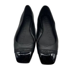 KARL LAGERFELD Black Faux Leather Zofia Preppy Cap Toe Ballet Flat Women sz 6.5